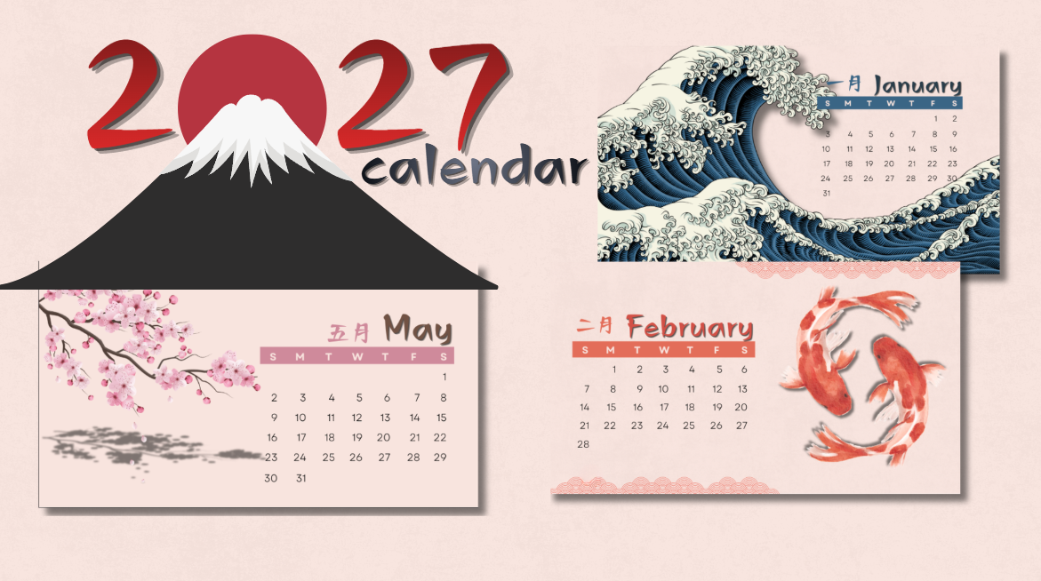 Calendario digitale Giappone 2027 – Calendario mensile stampabile a tema giapponese