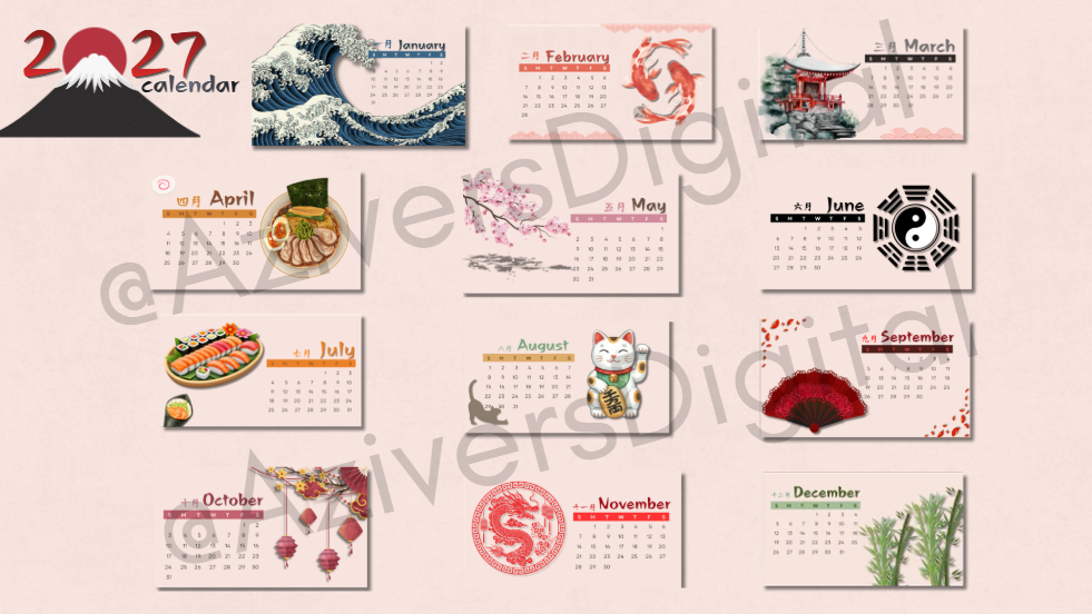 Calendario digitale Giappone 2027 – Calendario mensile stampabile a tema giapponese