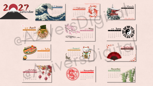 Calendario digitale Giappone 2027 – Calendario mensile stampabile a tema giapponese